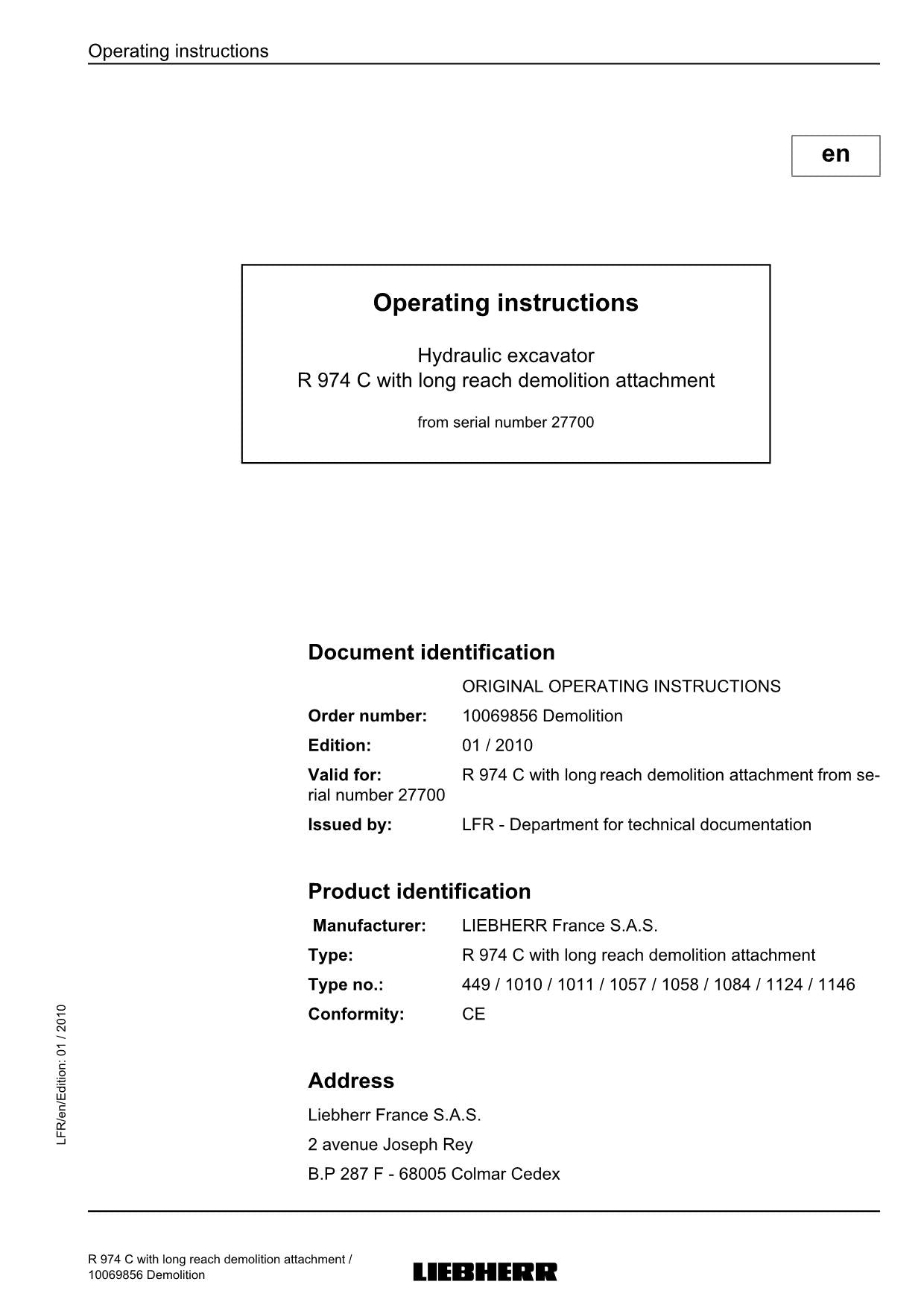 Liebherr R974 C Excavator Demolition Operators manual serial 27700