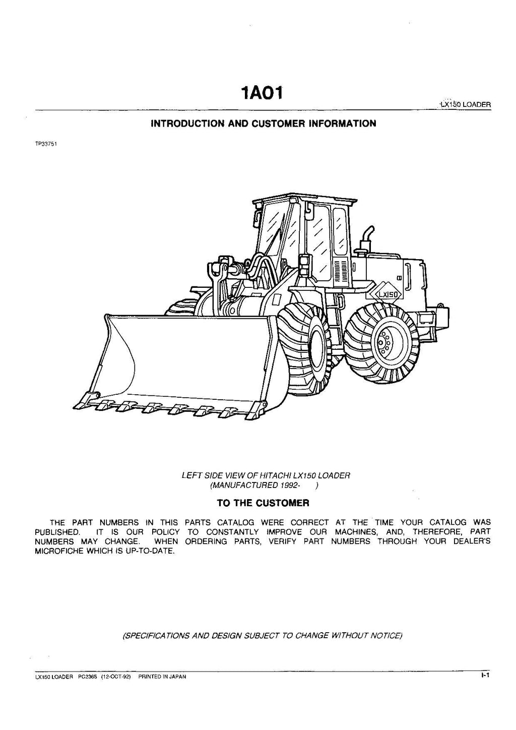 Hitachi LX150-2 Export Wheel Loader Parts Catalog Manual SN 02101-up