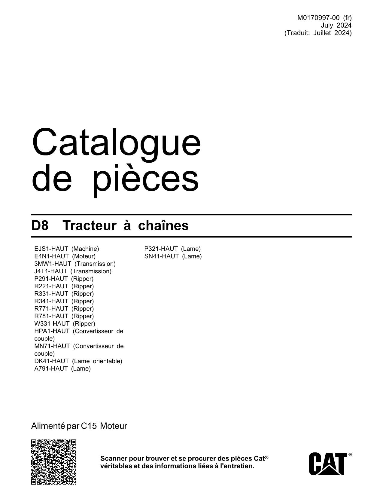 Caterpillar D8 Tracteur Manuel de catalogue de pièces M0170997FR