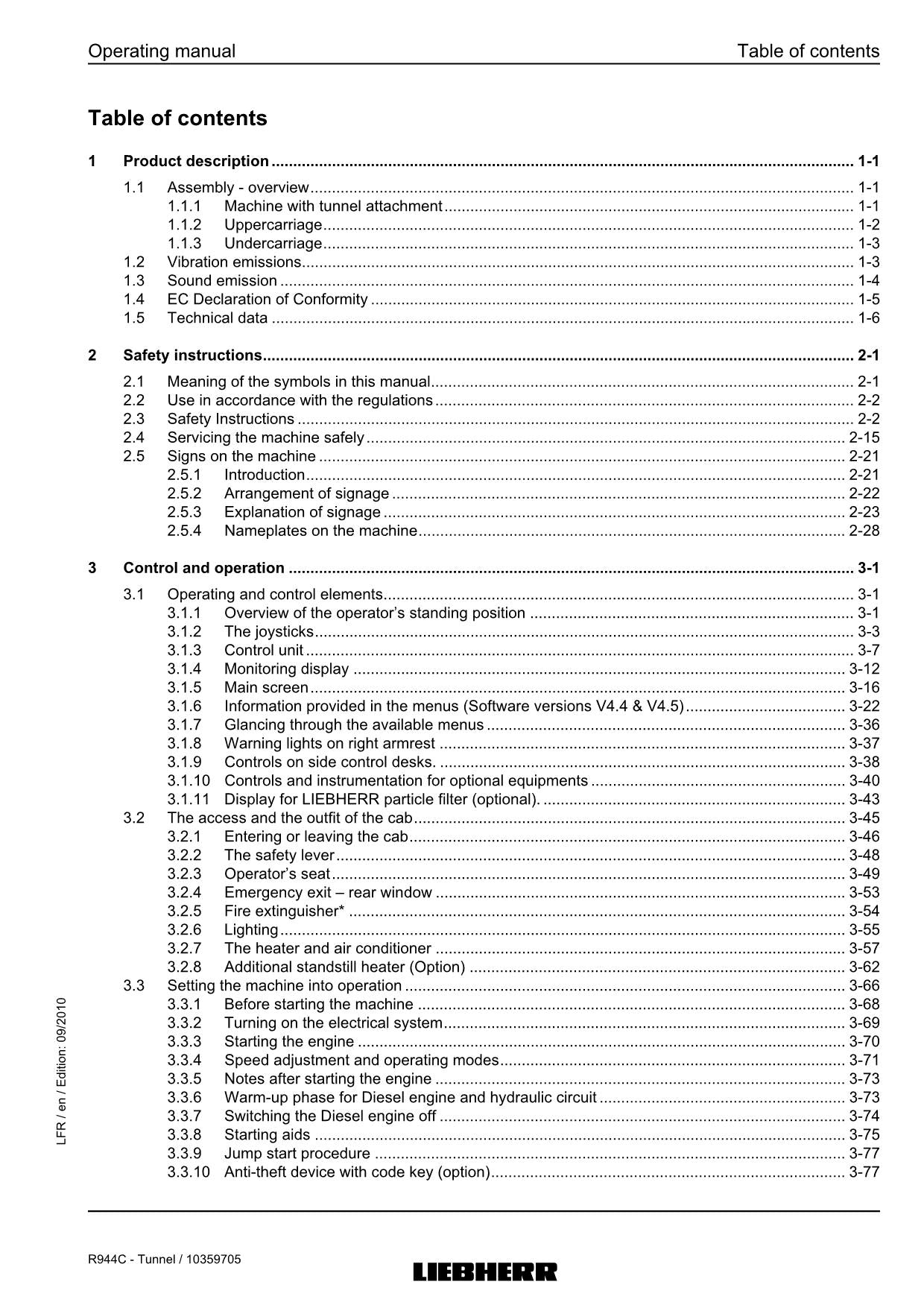Liebherr R944 C Tunnel Excavator Operators manual serial 26800