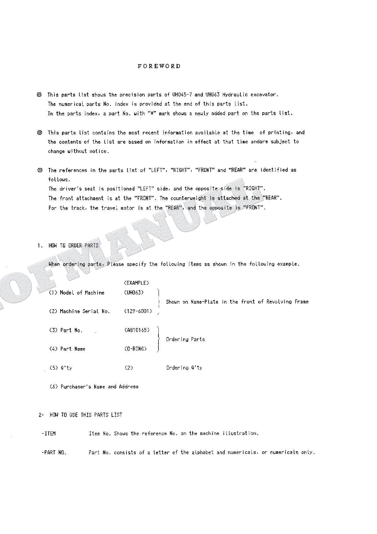 HITACHI UH045-7 UH063 Equip Component Excavator Parts Catalog Manual P129-E1-5