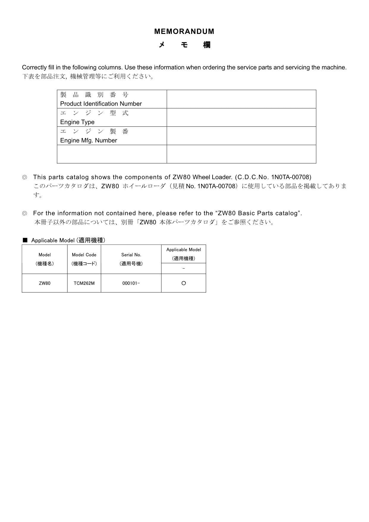 Hitachi ZW80 C.D.C.No.1N0TA-00708 Wheel Loader Parts Catalog Manual SN 000101-up