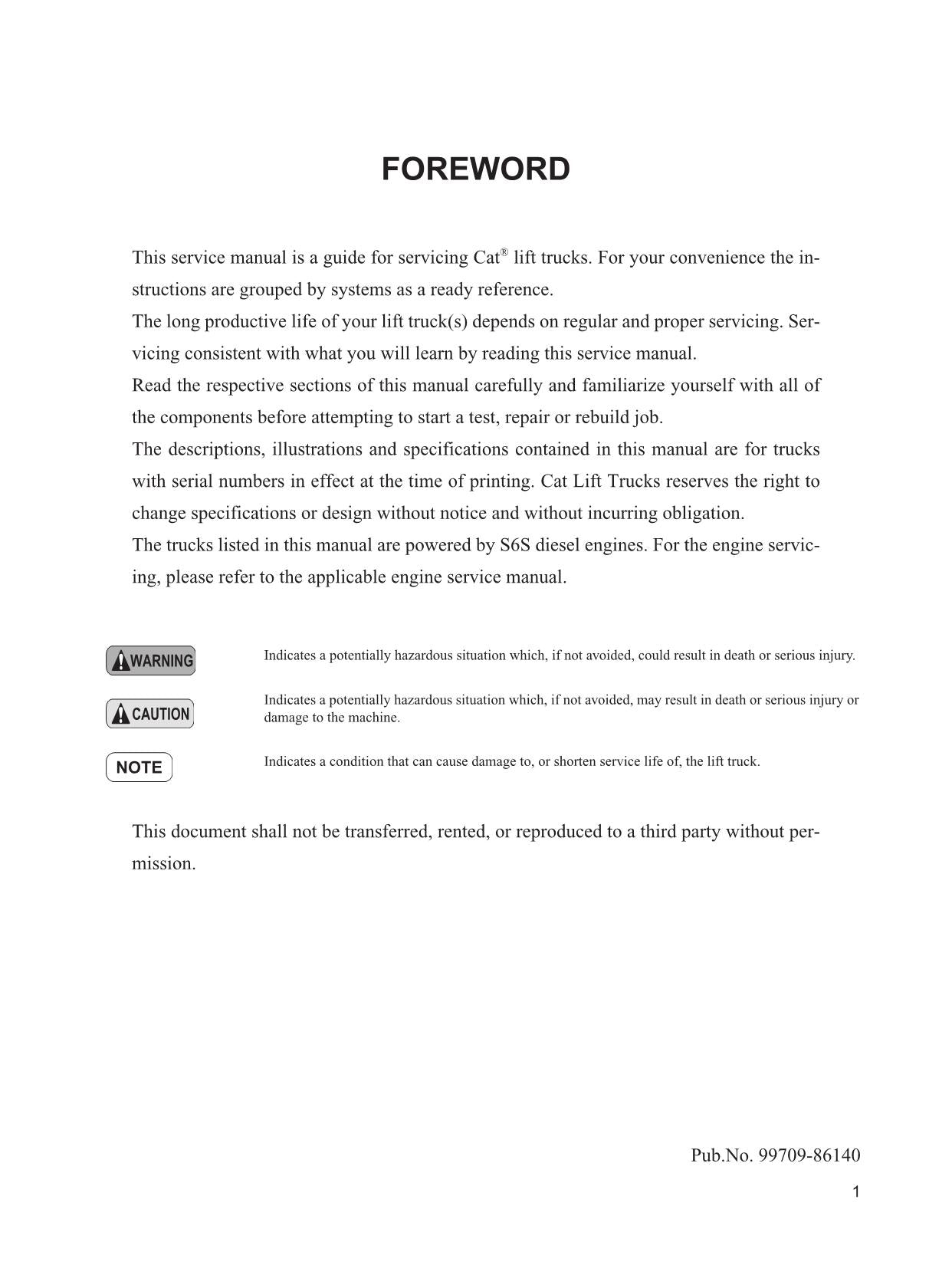Manual de servicio del accesorio de la carretilla elevadora Caterpillar DP60 DP70