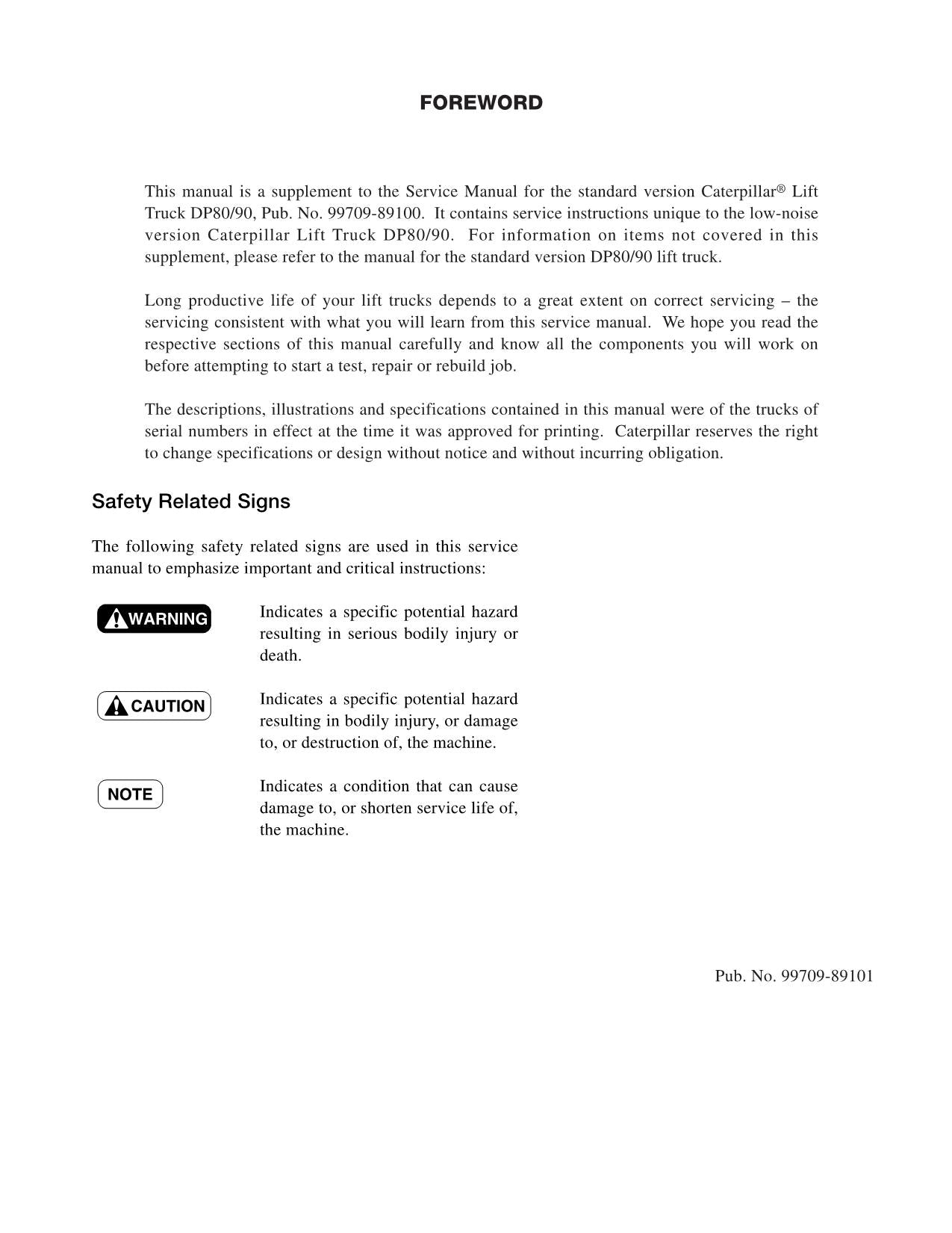 Manual de servicio del mástil del chasis del suplemento de opciones de bajo ruido Caterpillar DP80 DP90