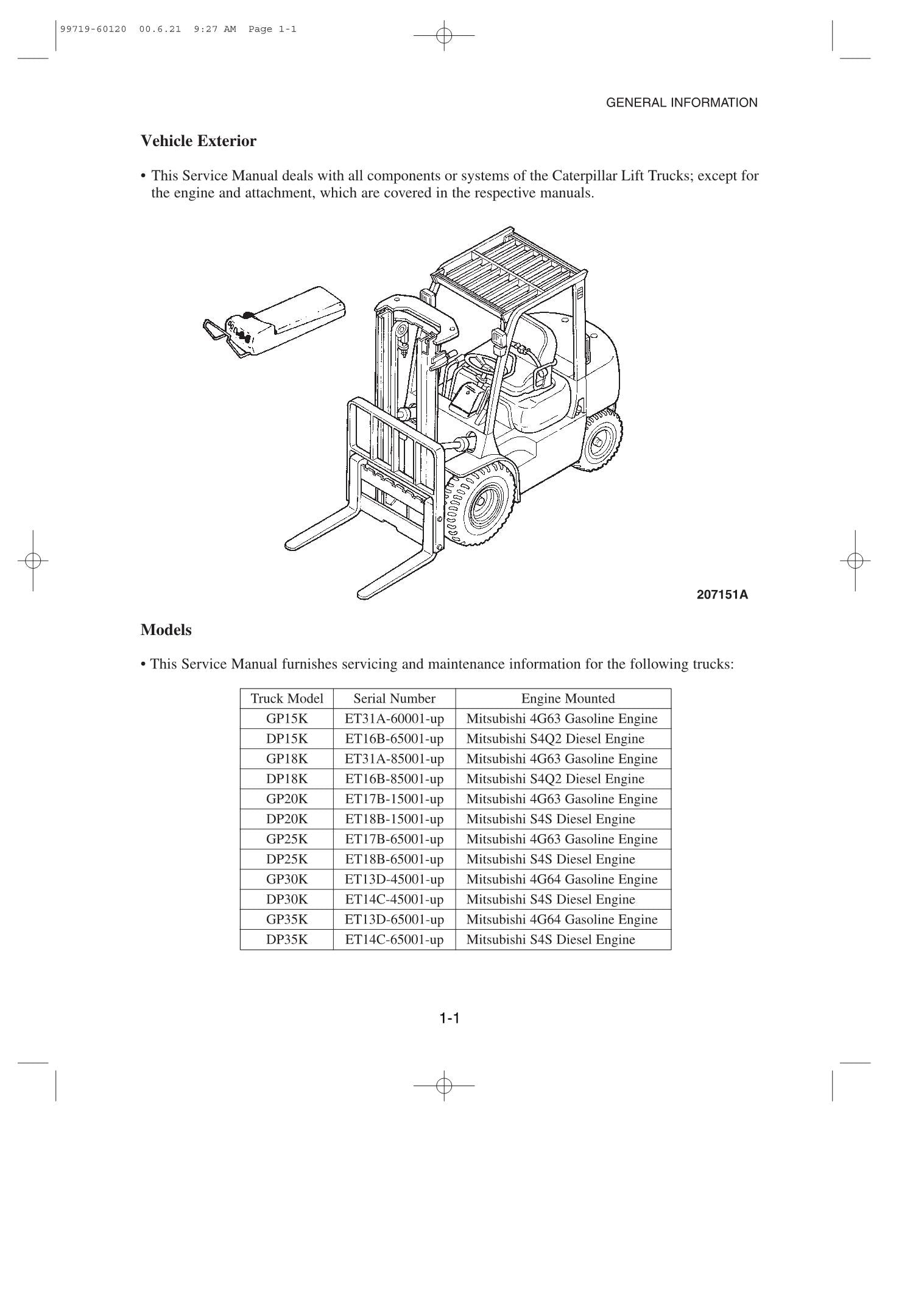 Manual de servicio de montacargas Caterpillar GP15K, GP18K, GP20K, GP25K, GP30K, GP35K y DP15K