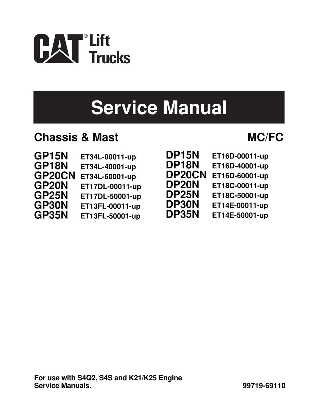 Manual de servicio de las carretillas elevadoras Caterpillar GP30N, GP35N, DP15N, DP18N, DP20CN, DP20N, DP25N y DP30N