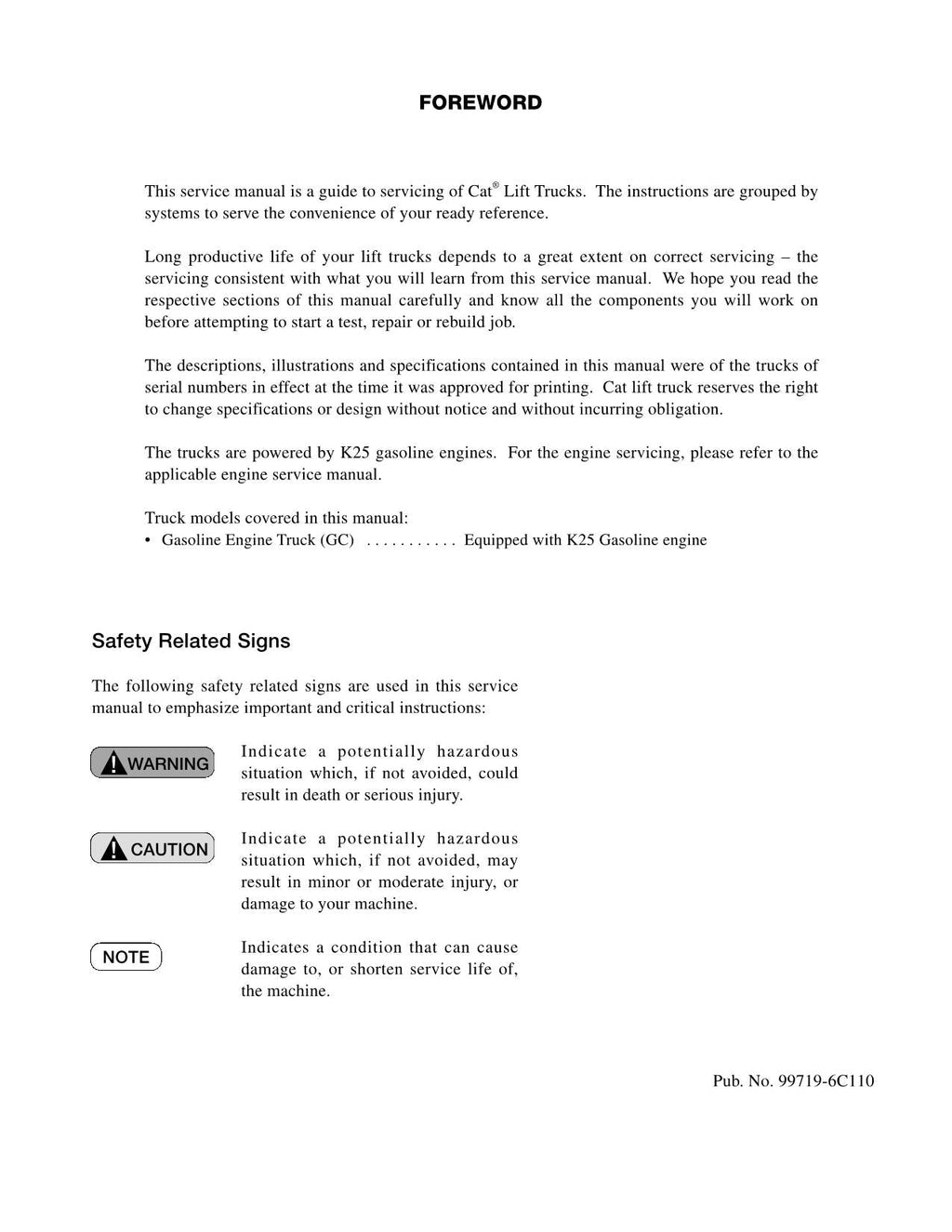Manual de servicio opcional de las carretillas elevadoras Caterpillar GC20N, GC25N, GC28N y GC30N