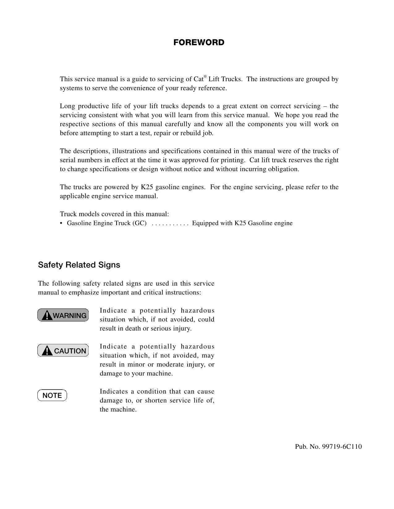 Manual de servicio opcional de las carretillas elevadoras Caterpillar GC20N, GC25N, GC28N y GC30N
