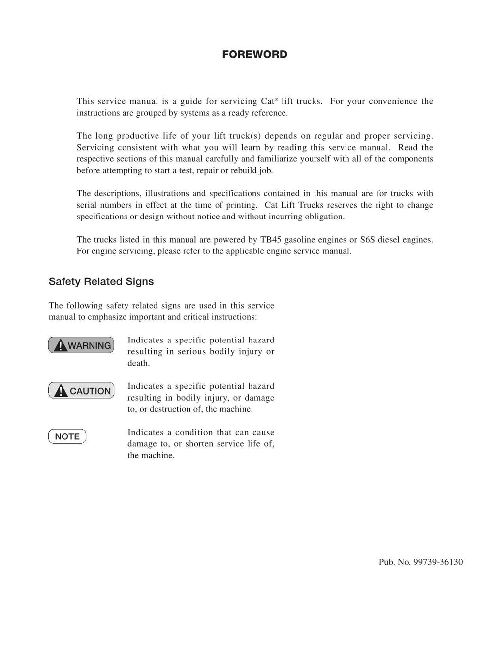 Manual de servicio de montacargas Caterpillar GP40K, GP40KL, GP45K, GP50K, DP40K y DP40KL 36130