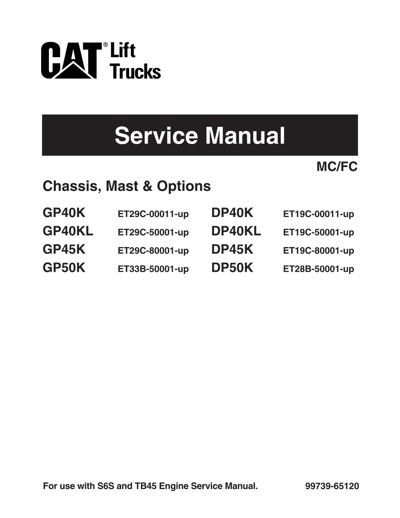 Manual de servicio opcional de la carretilla elevadora Caterpillar DP40K, DP40KL, DP45K y DP50K