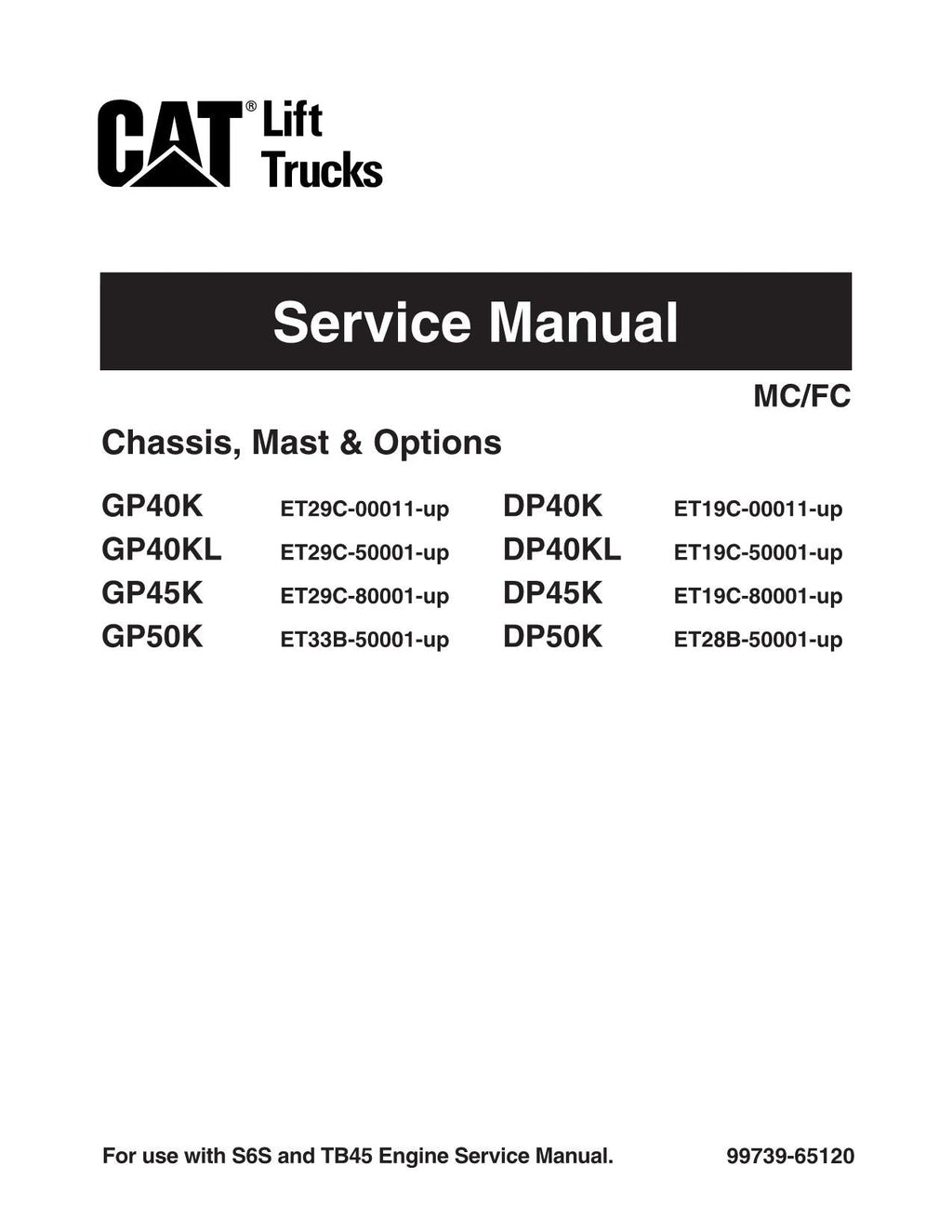 Manual de servicio opcional de la carretilla elevadora Caterpillar DP40K, DP40KL, DP45K y DP50K