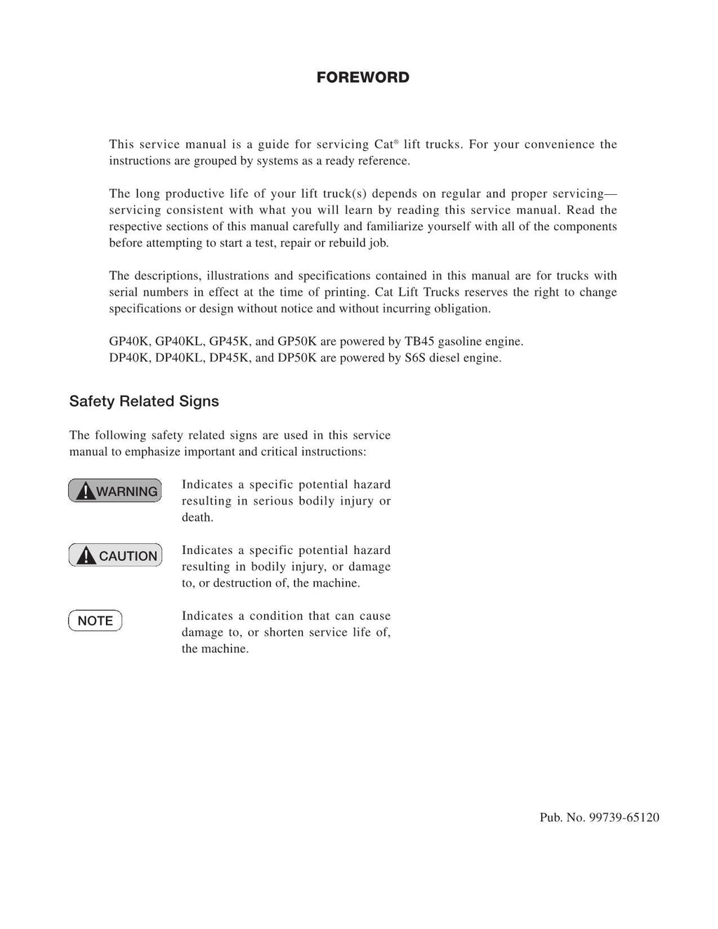 Manual de servicio opcional de la carretilla elevadora Caterpillar DP40K, DP40KL, DP45K y DP50K