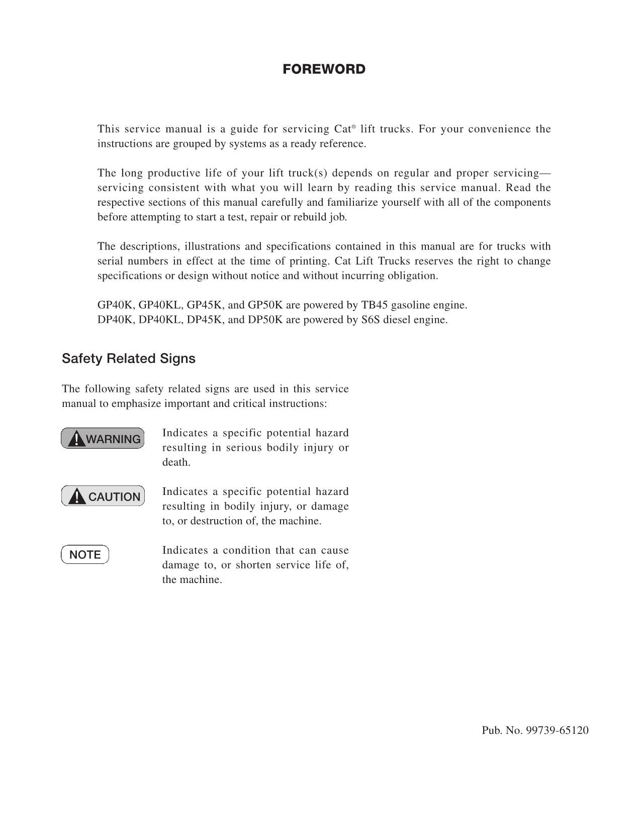 Manual de servicio opcional de la carretilla elevadora Caterpillar DP40K, DP40KL, DP45K y DP50K