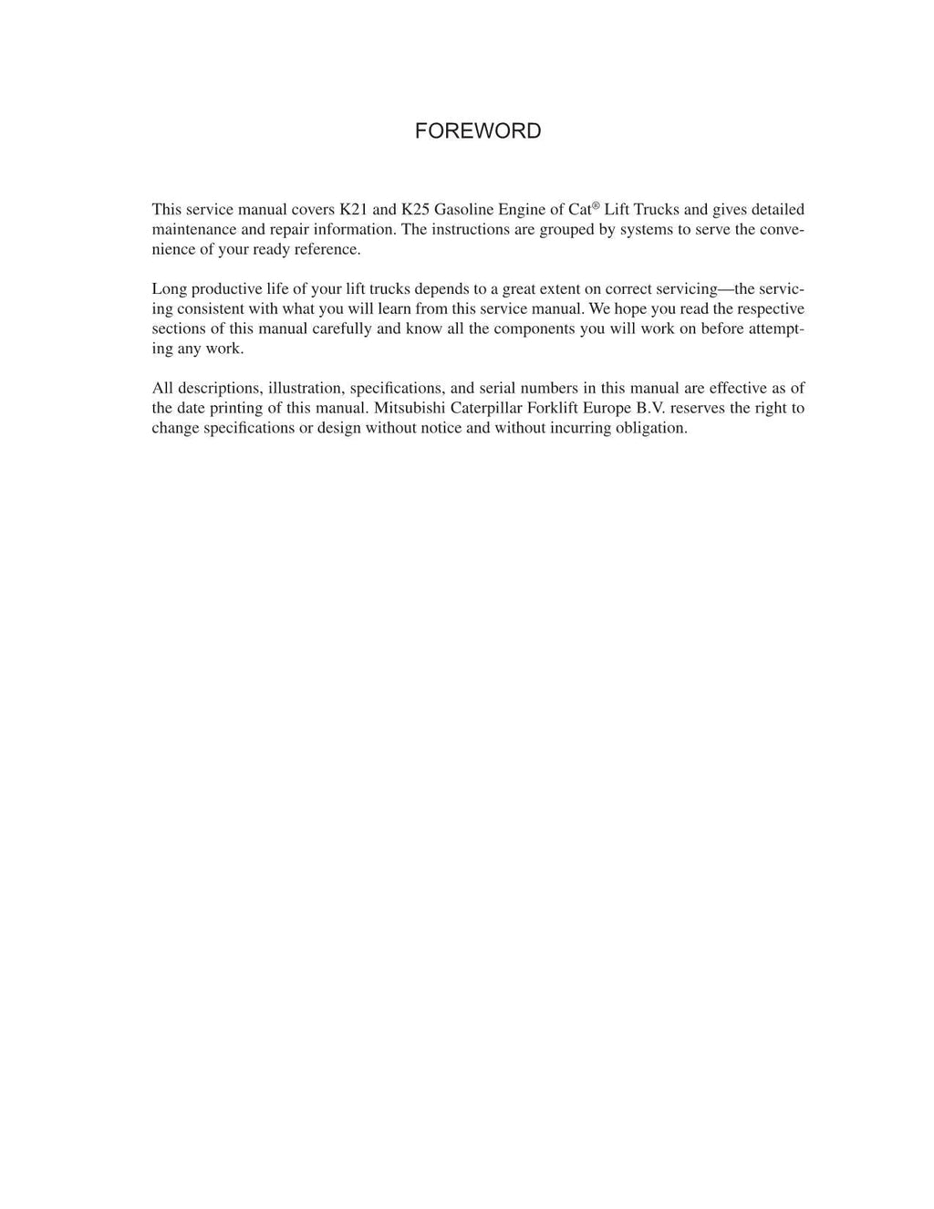 Manual de servicio del motor de gasolina Caterpillar Lift Trucks K21 K25