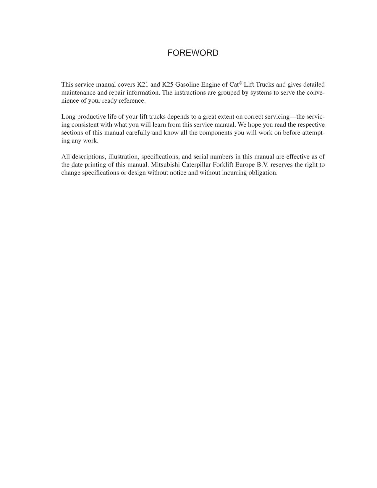 Manual de servicio del motor de gasolina Caterpillar Lift Trucks K21 K25
