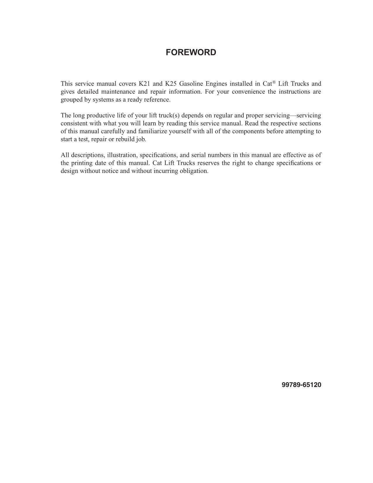 Manual de servicio del motor de gasolina de la carretilla elevadora Caterpillar K21 K25