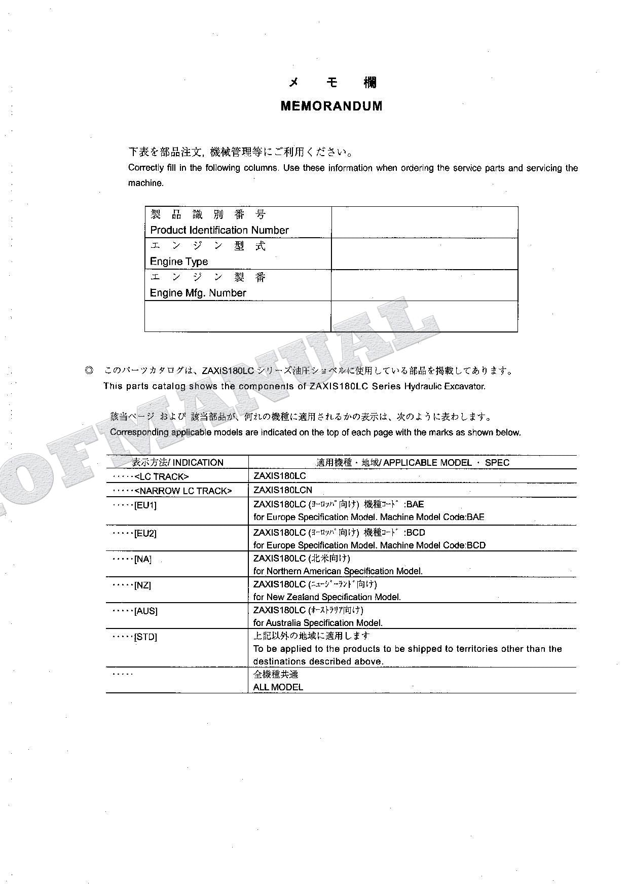 HITACHI ZAXIS ZX180LC ZX180LCN Excavator Parts Catalog Manual