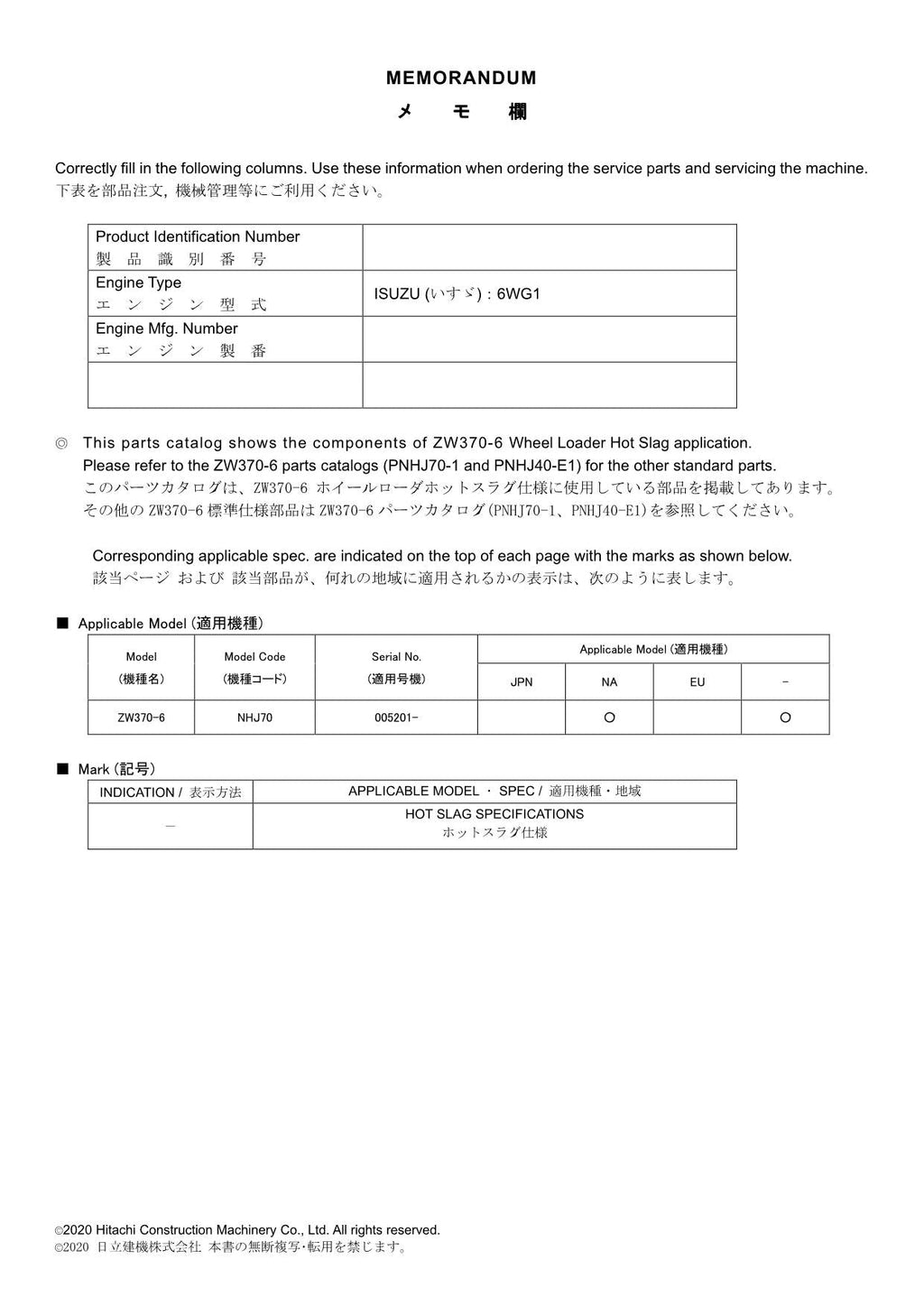 Hitachi ZW370-6 HOT SLAG Spec Wheel Loader Parts Catalog Manual SN 5201-up