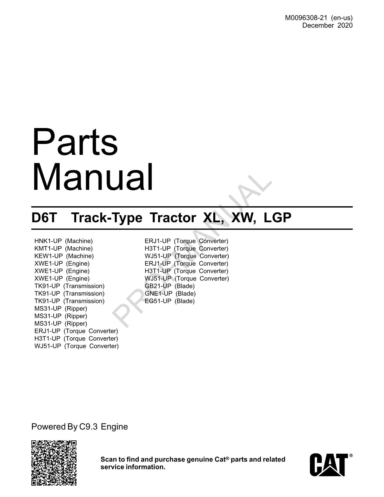 Caterpillar Cat Track Type Tractor XL XW LGP Parts Catalog Manual M0096308