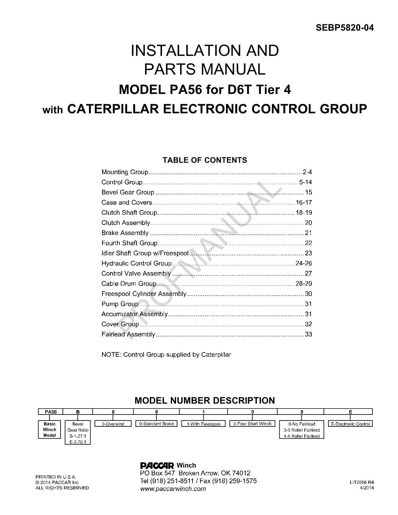 Caterpillar Cat Installation Model PA56 D6T Tier 4 Parts Catalog Manual SEBP5820