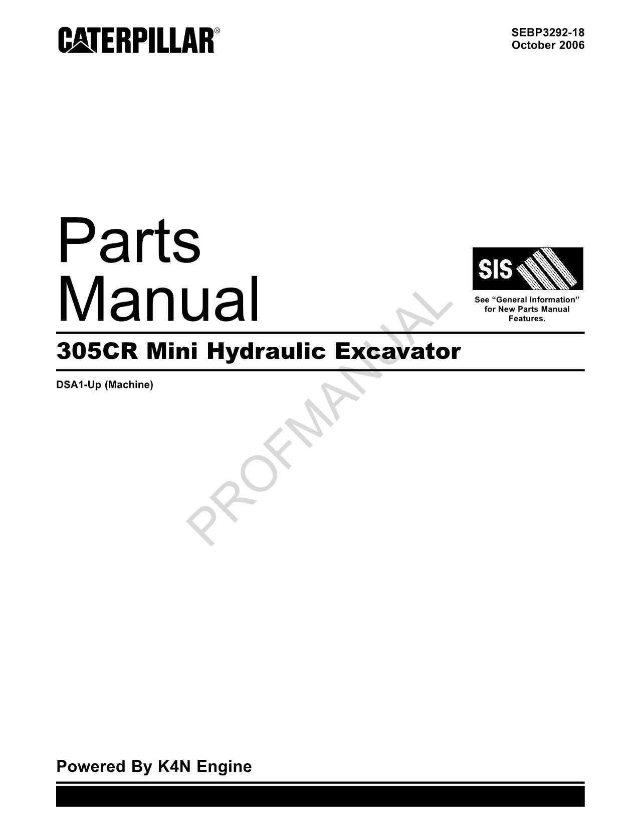 Caterpillar Cat 305CR Mini Hydraulic Excavator Parts Catalog Manual ser DSA1-Up