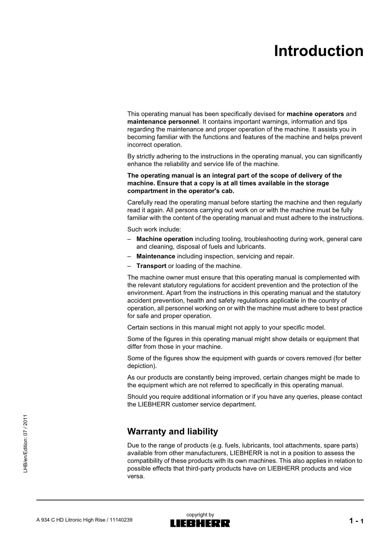 Liebherr A934 C HD Litronic High Rise Excavator Operators manual