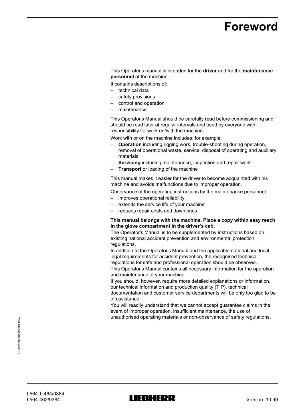 Liebherr L564 L564 T Wheel Loader Operators manual serial 0384
