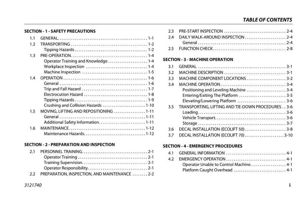 Manual del operador de mantenimiento y operación del mástil vertical JLG Ecolift 50 Ecolift 70