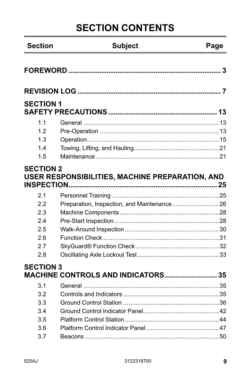 Manual del operador de mantenimiento y operación de la plataforma elevadora JLG 520AJ 3122318700