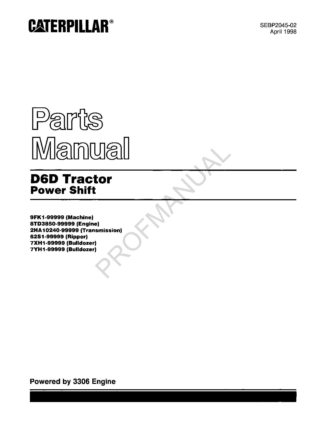 Caterpillar Cat D6D Tractor Power Shift Parts Catalog Manual SEBP2045