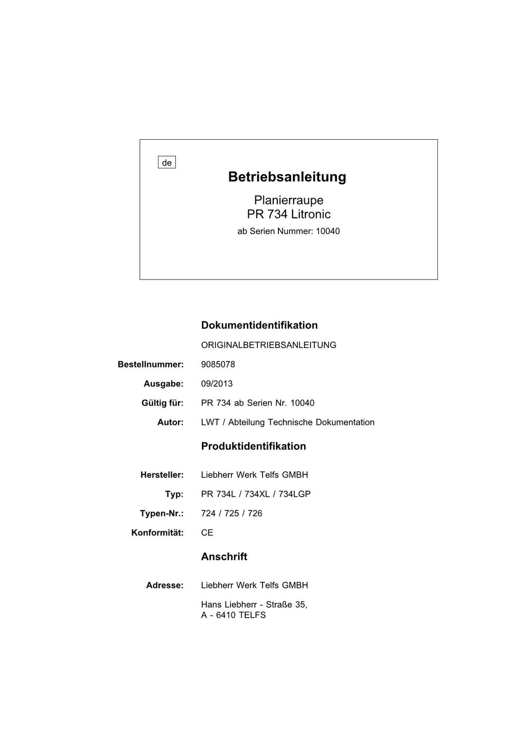 Liebherr PR734 Litronic Planierraupe Betriebsanleitung 9085078