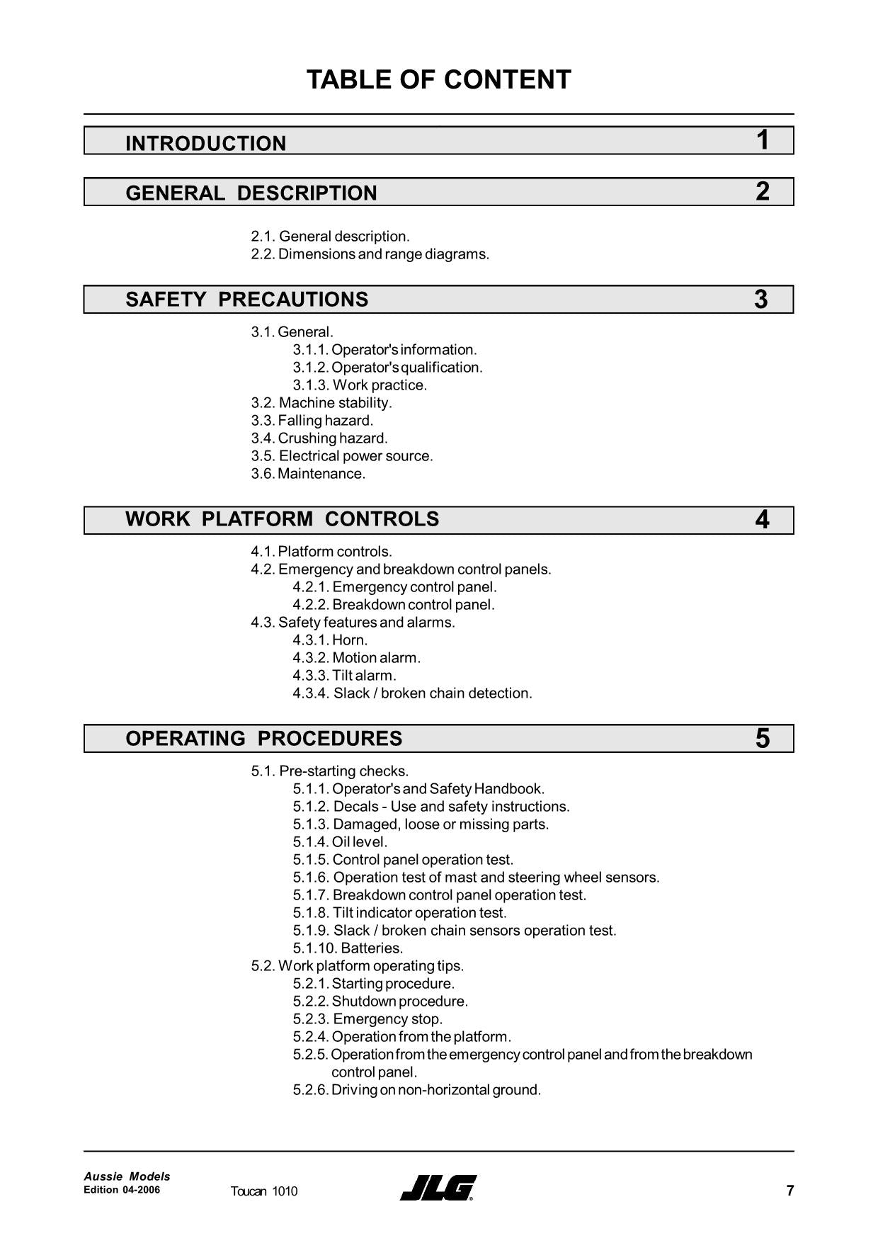 TOUCAN 1010 Vertical Lift Maintenance Operation Operators Manual