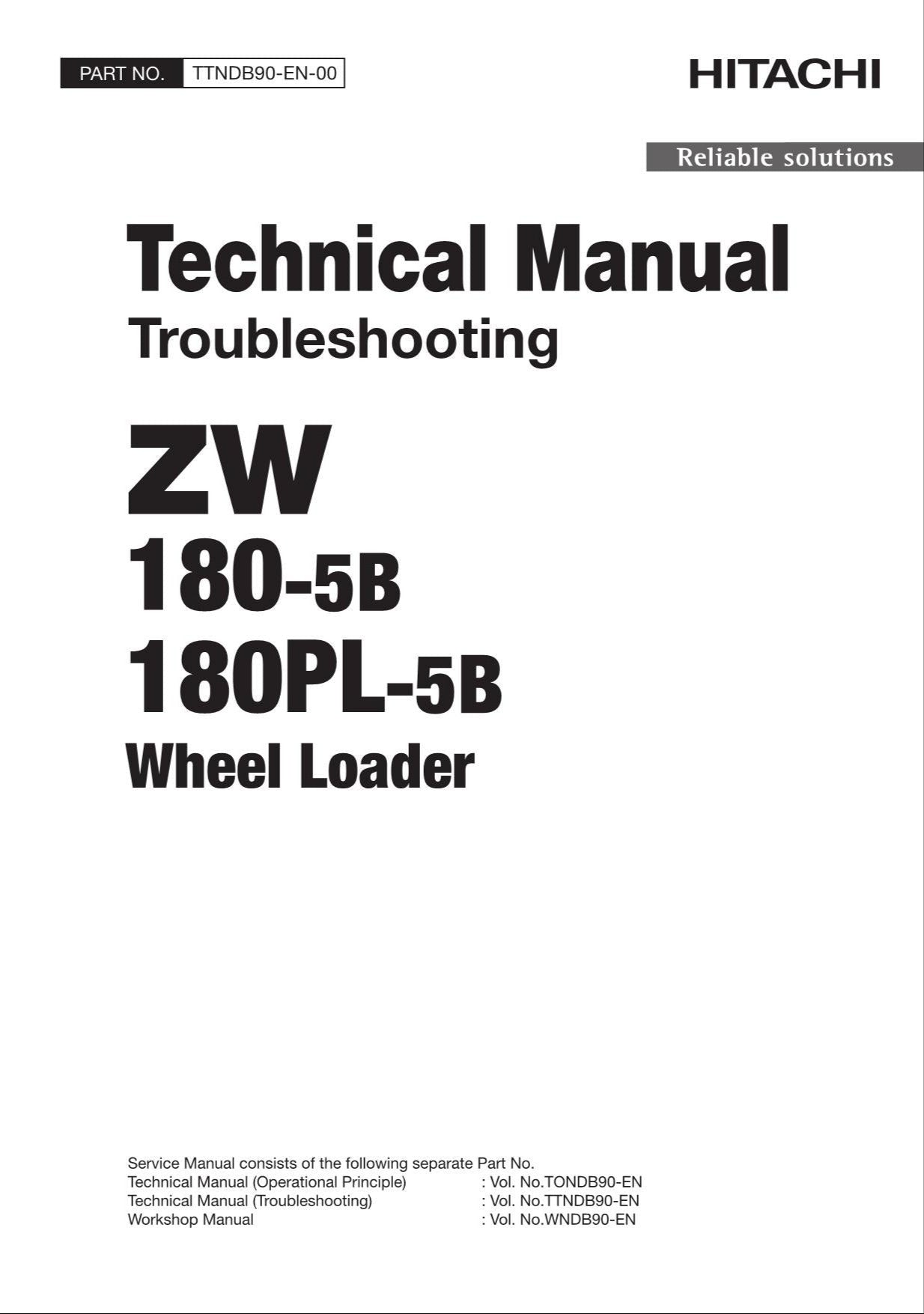 Hitachi ZW180-5B ZW180PL-5B Wheel Loader Tech Manual Troubleshooting +Schematics