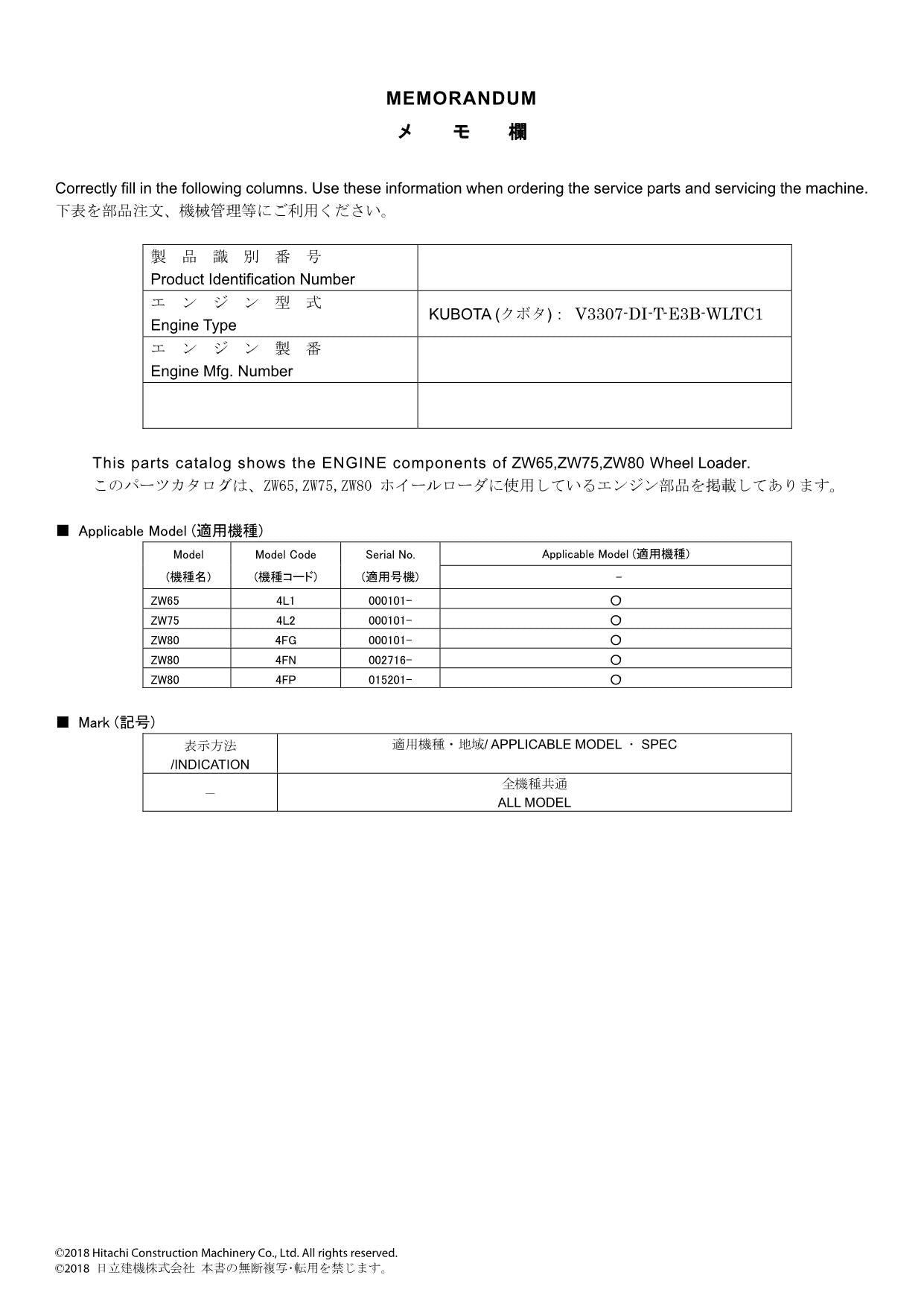 Hitachi ZW65 ZW75 ZW80 KUBOTA V3307-DI-T-E3B-WLTC1 Loader Parts Catalog Manual