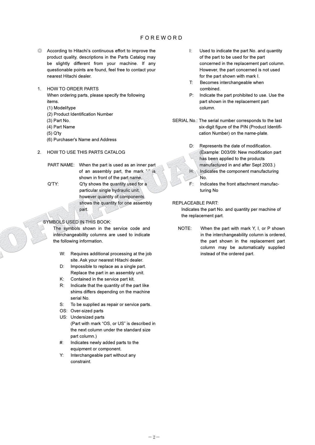 HITACHI ZAXIS ZX145W-3 Equipment Component Excavator Parts Catalog Manual