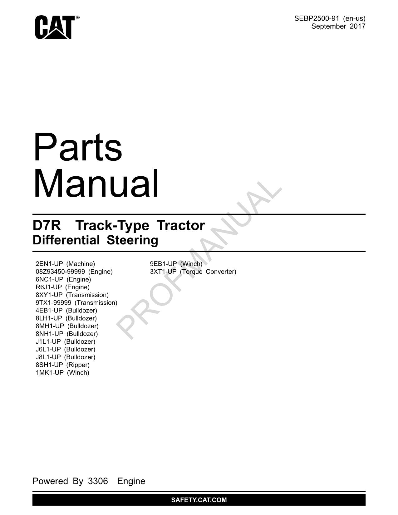 Caterpillar D7R Track Type Tractor Differential Steering Parts Catalog Manual