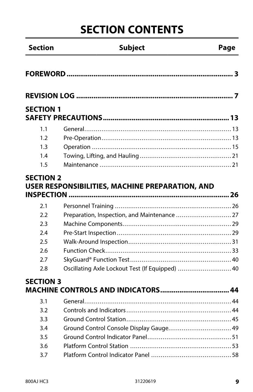 JLG 800AJ HC3 Boom Lift Maintenance Operation Operators Manual 31220619
