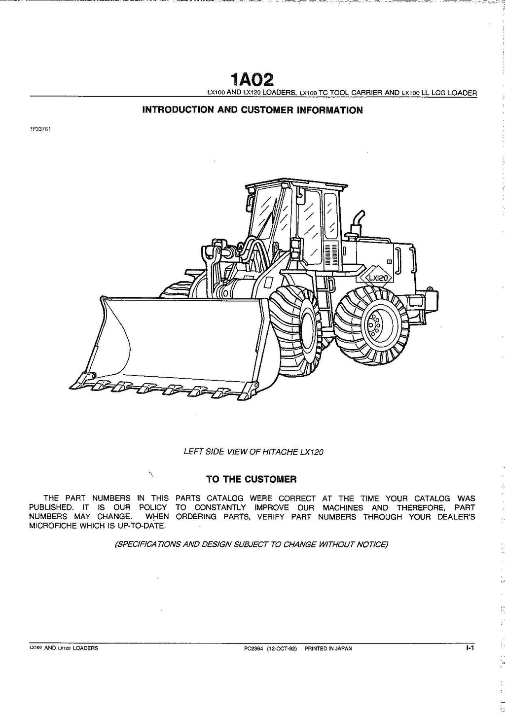 Hitachi LX100-2 LX120-2 Export Wheel Loader Parts Catalog Manual SN 02101-up