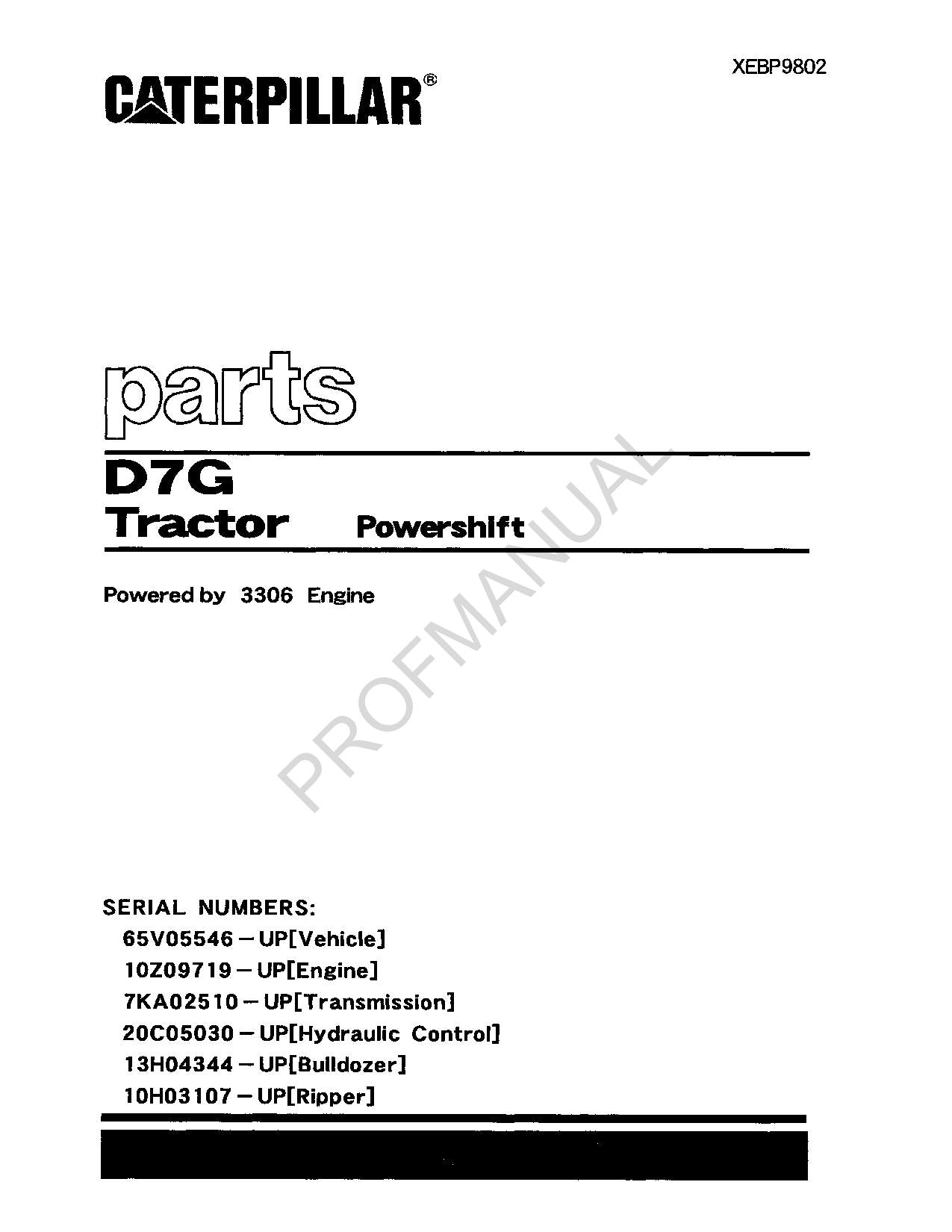 Caterpillar Cat D7G Tractor Powershift Parts Catalog Manual XEBP9802
