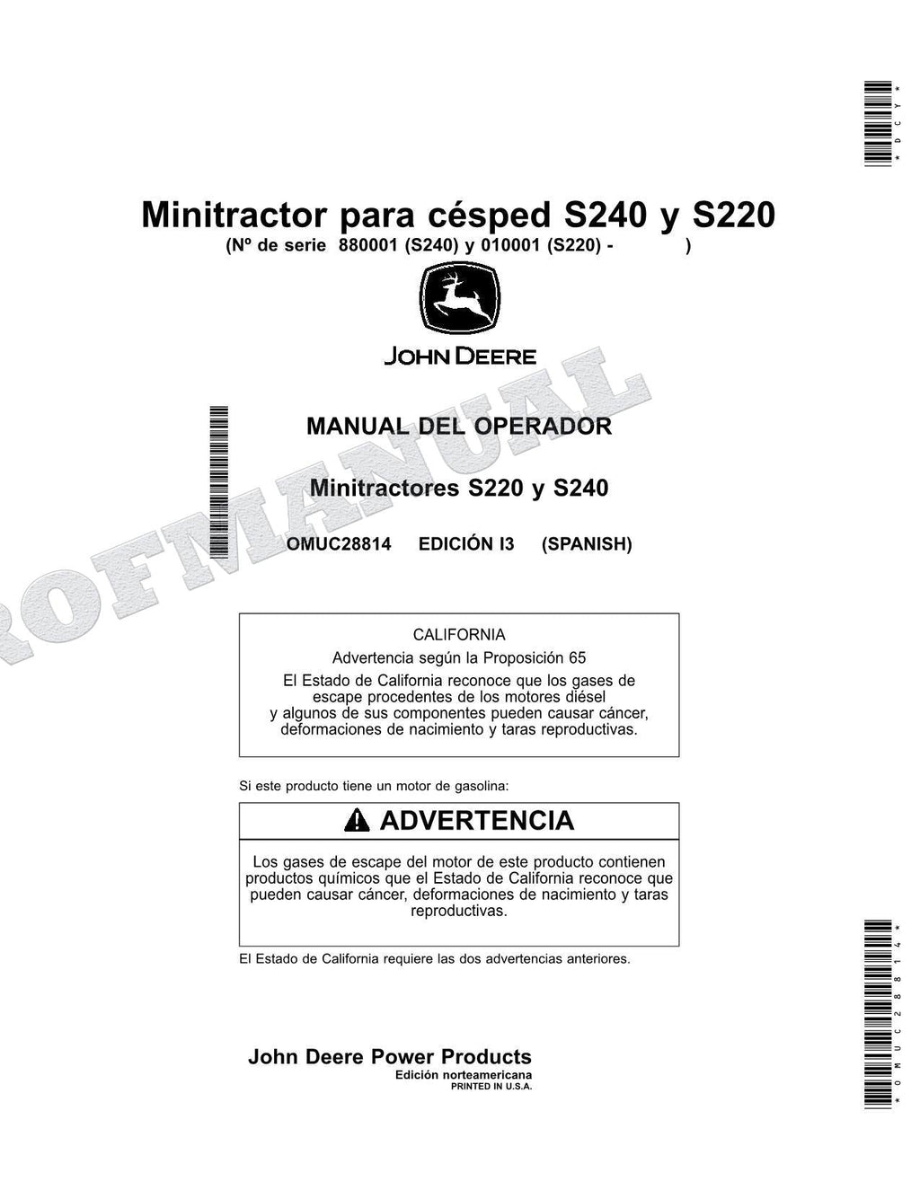 John Deere S220 S240 Tractor Manual del Operador SN S220 010001- 240 880001-