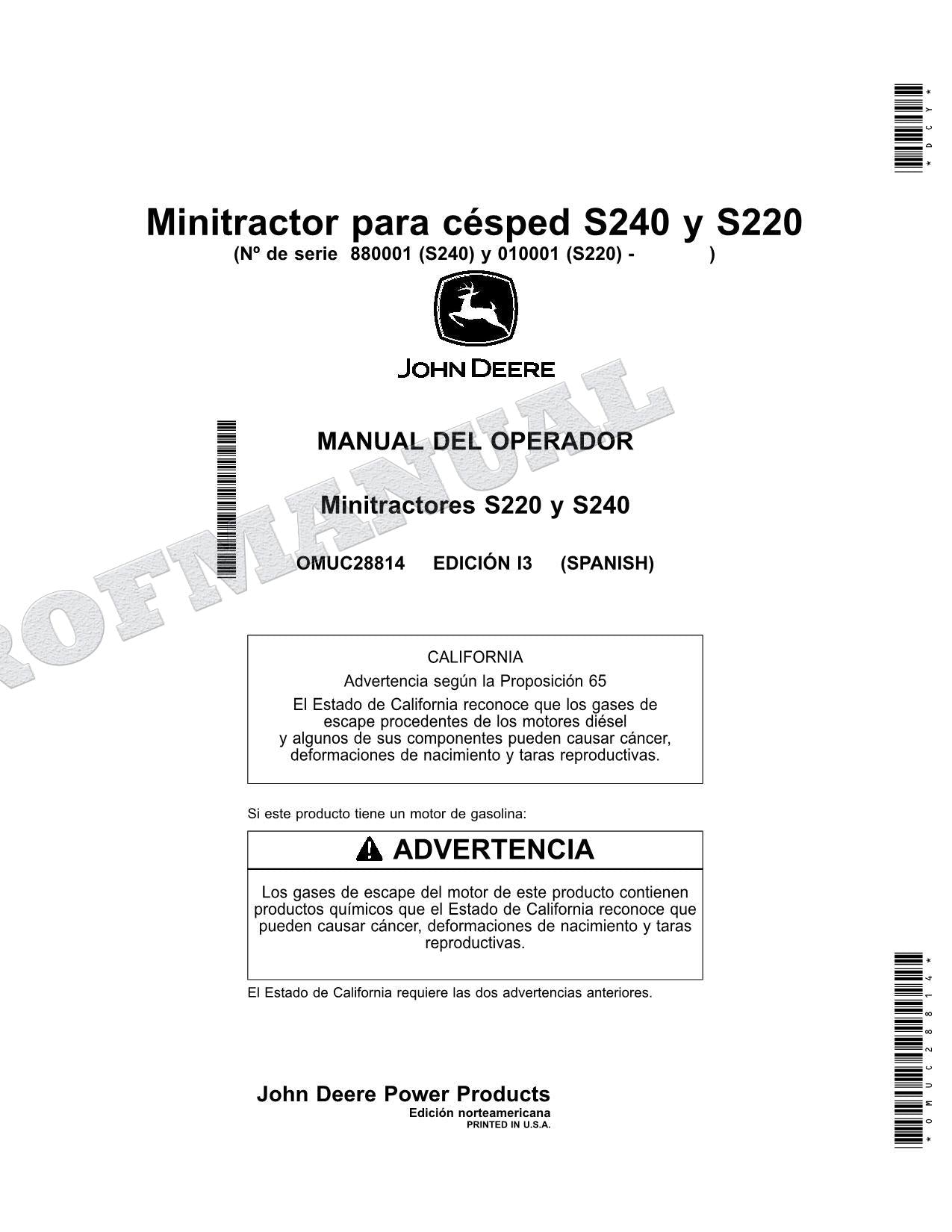 John Deere S220 S240 Tractor Manual del Operador SN S220 010001- 240 880001-