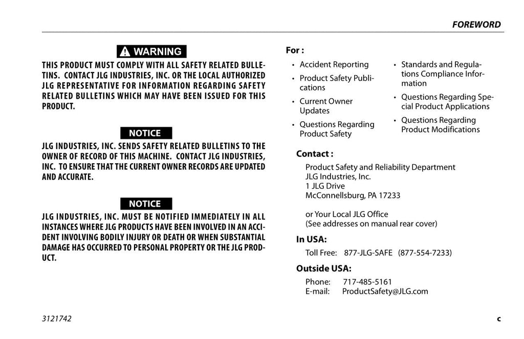 JLG 830P Vertical Mast Maintenance Operation Operators Manual 3121742
