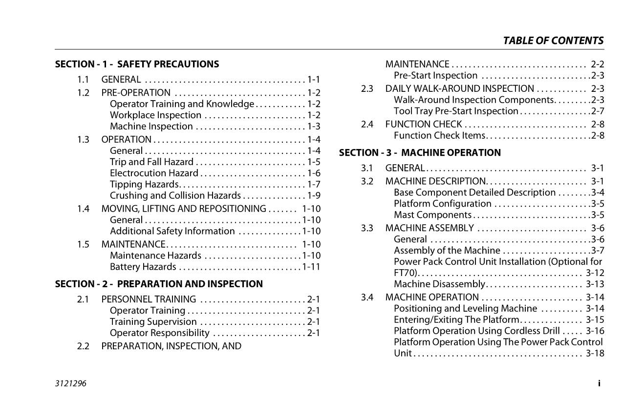 Manual de servicio y operación de piezas del mástil vertical JLG FT140 FT70