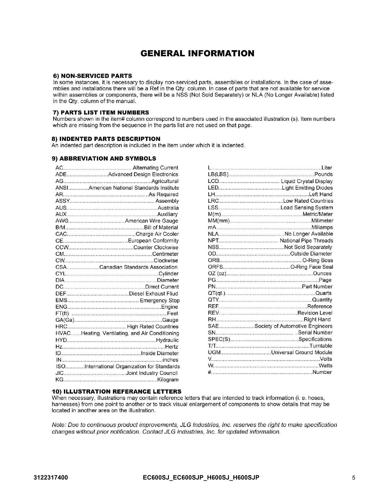 Manual del catálogo de piezas de plataformas elevadoras JLG EC600SJ EC600SJP H600SJ H600SJP