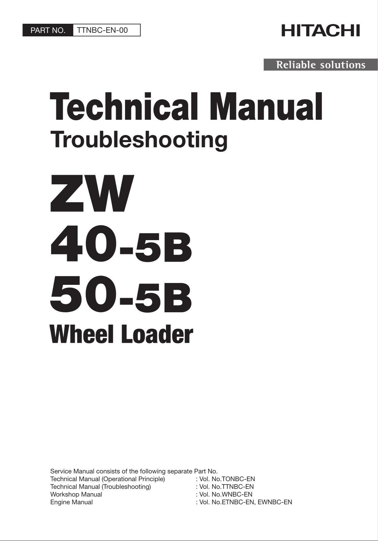 Hitachi ZW40-5B ZW50-5B Wheel Loader Tech Manual Troubleshooting +Schematics