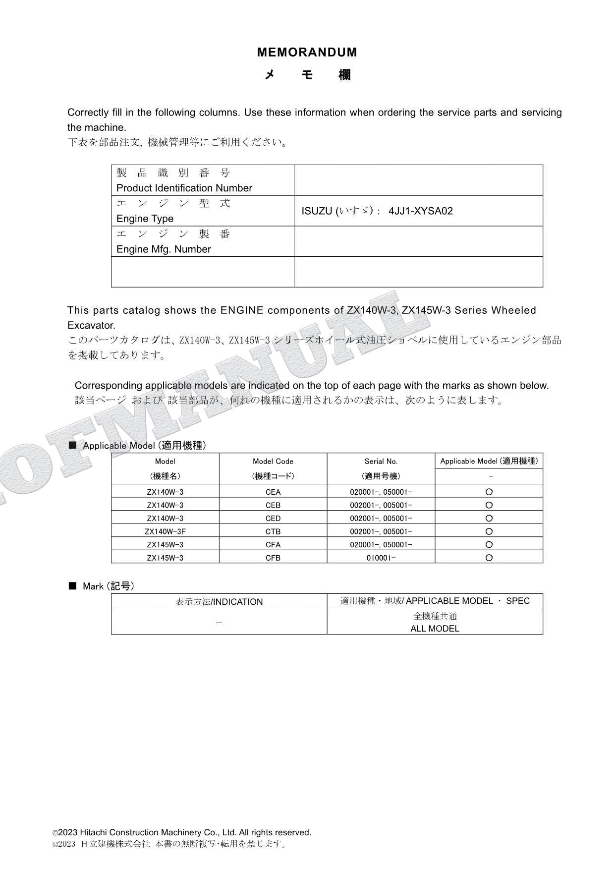 HITACHI ZX140W-3 145W-3 Series ISUZU 4JJ1-XYSA02 Engine Parts Catalog Manual