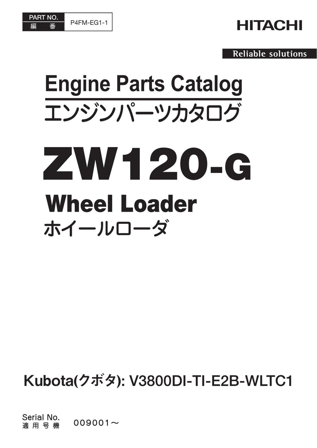 Hitachi ZW120-G Kubota V3800DI-TI-E2B-WLTC1 Engine Loader Parts Catalog Manual