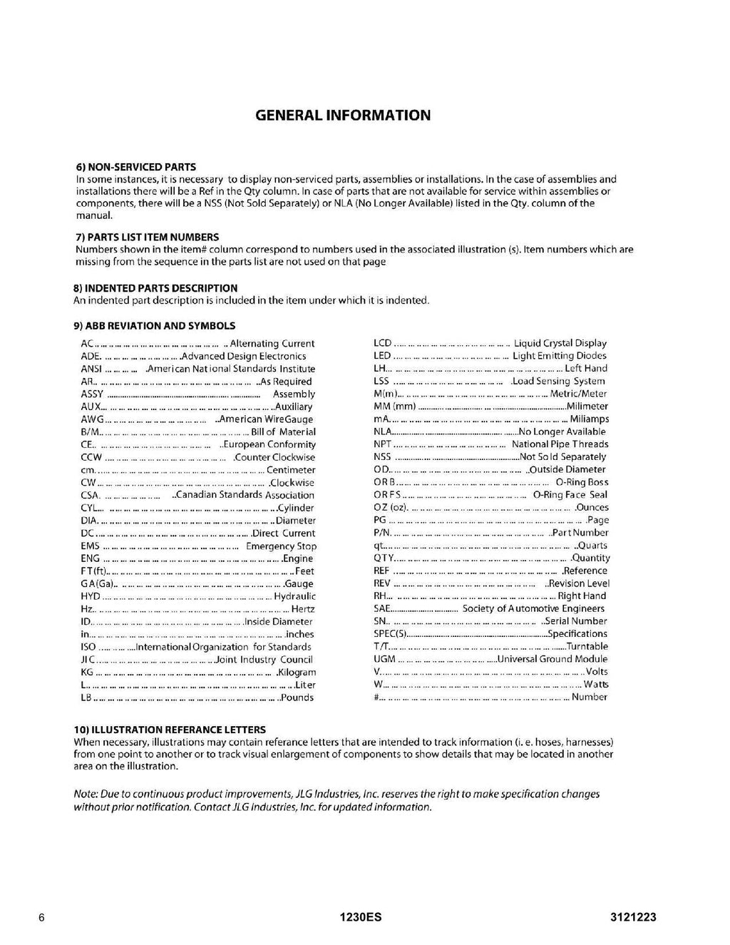 JLG 1230ES Vertical Mast Parts Catalog Manual 3121223