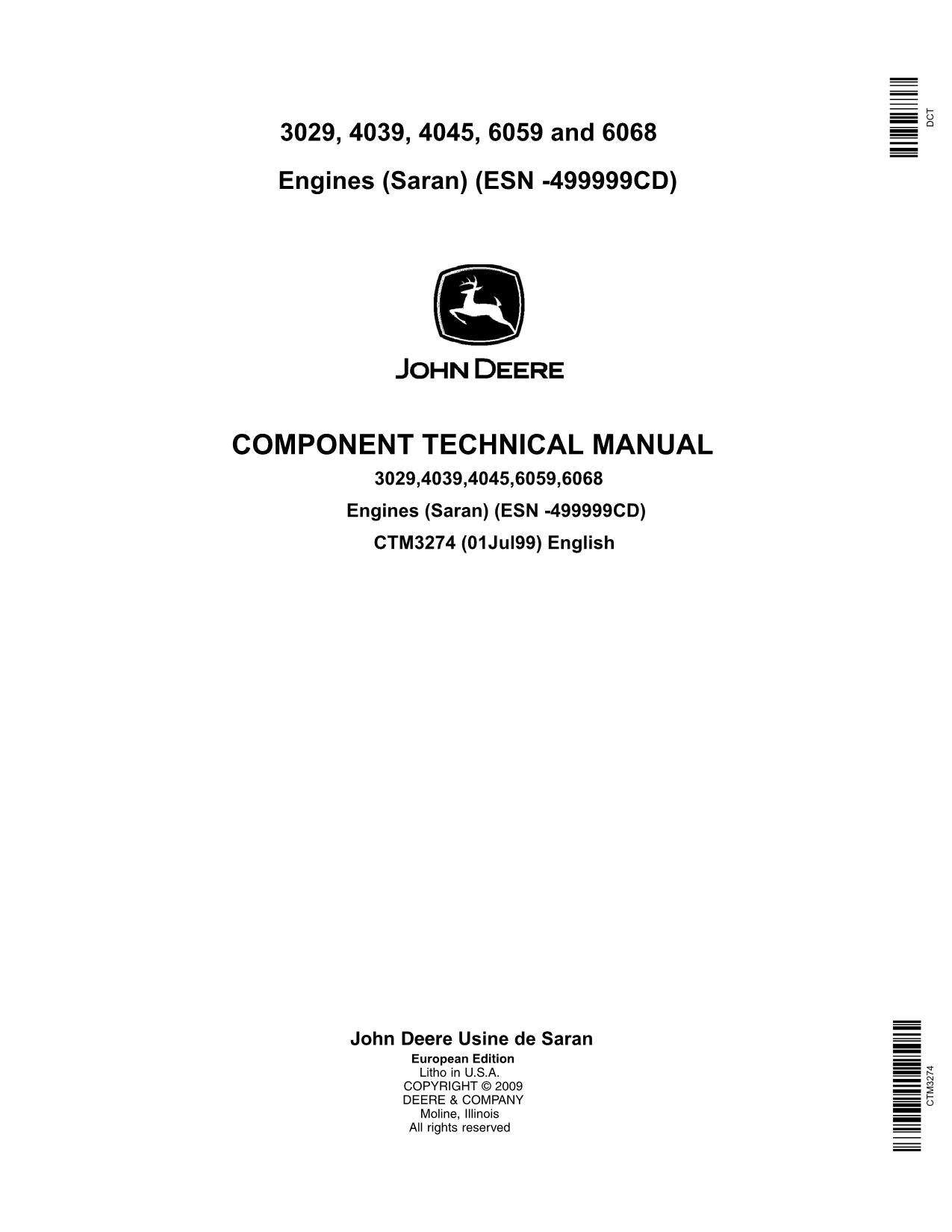 JOHN DEERE 3029 4039 4045 6059 6068 ENGINE SARAN ESN -499999CD TECHNICAL MANUAL