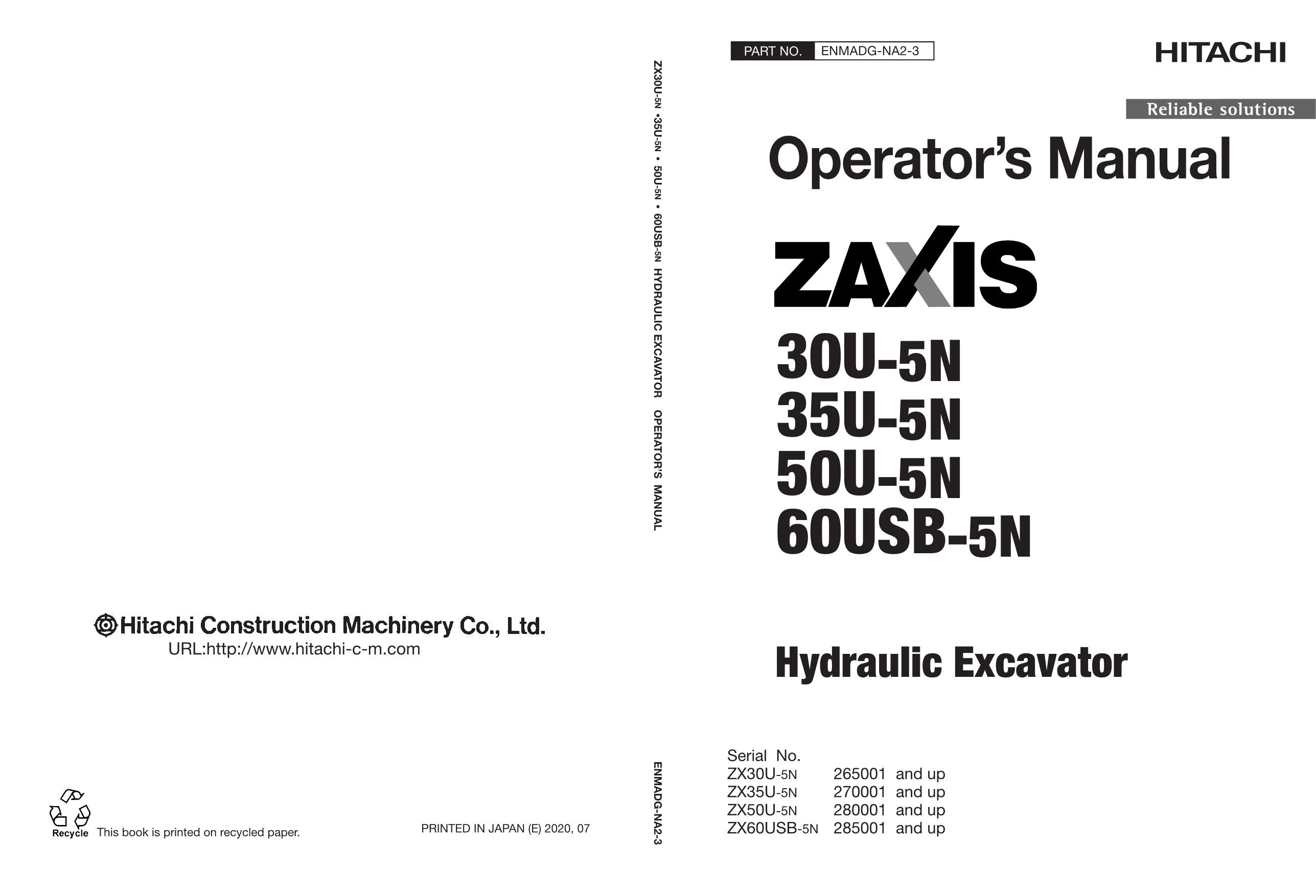 HITACHI 30U-5N 35U-5N 50U-5N 60USB-5N EXCAVATOR OPERATORS MANUAL